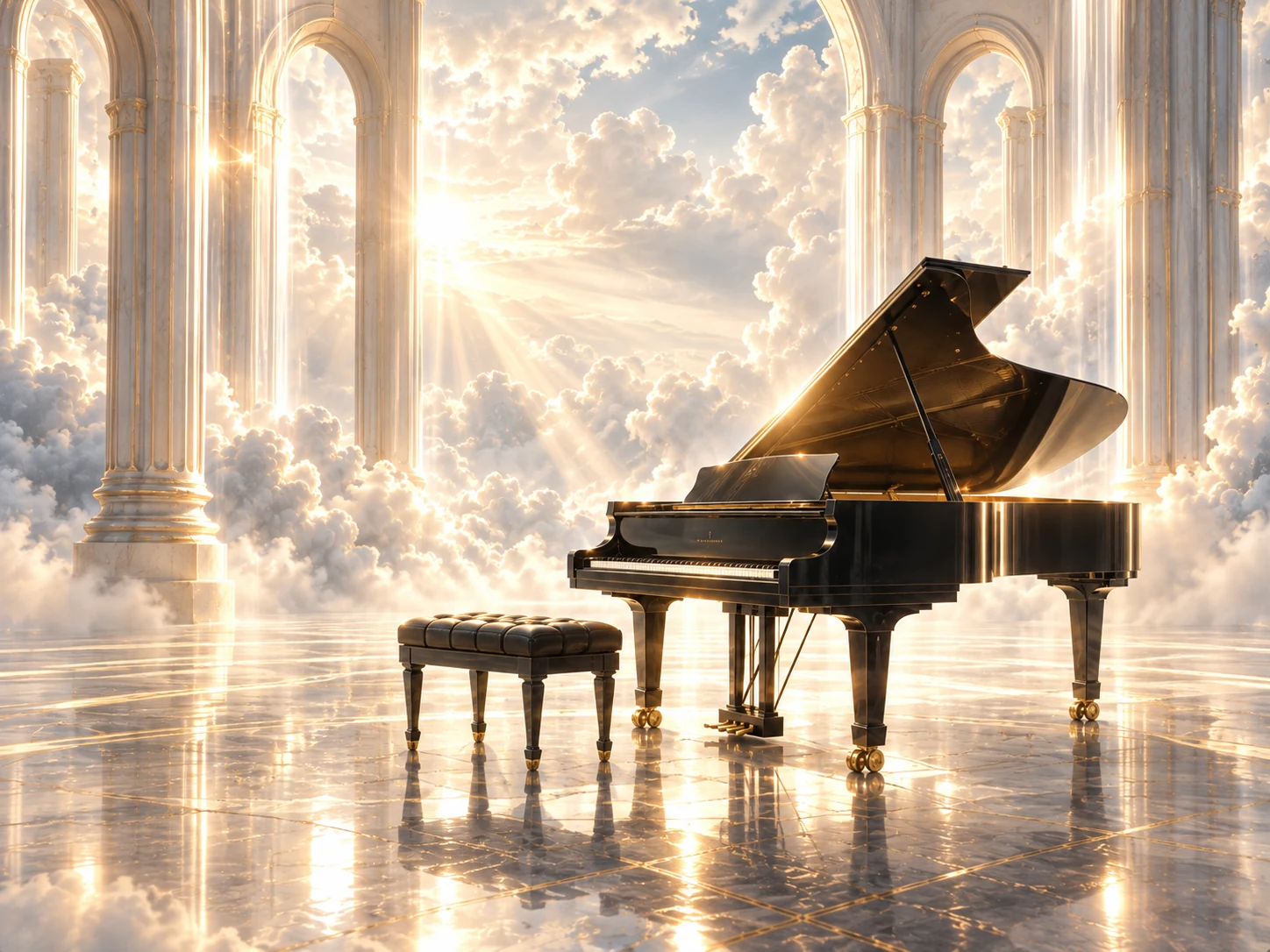 Black concert grand piano beneath luminous ivory arches with clouds and soft gold light