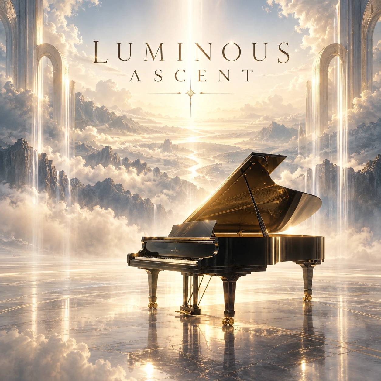 Luminous Ascent album cover featuring a black concert grand piano among luminous ivory arches and clouds