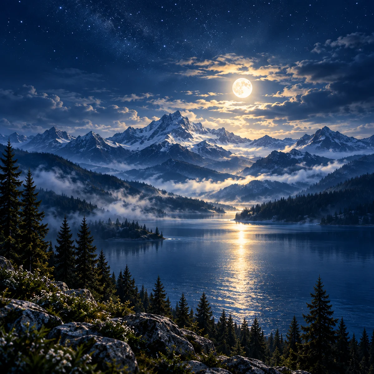 Moonlit alpine landscape artwork for Luminous Ascent